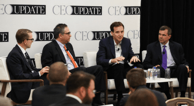 tim pawlenty, steve caldeira, ivan adler, and moderator mark graham sitting for a panel